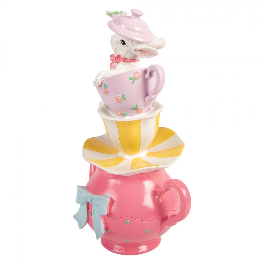 Beeld theepot met gestapelde kopjes en konijn 26cm - Clayre & Eef