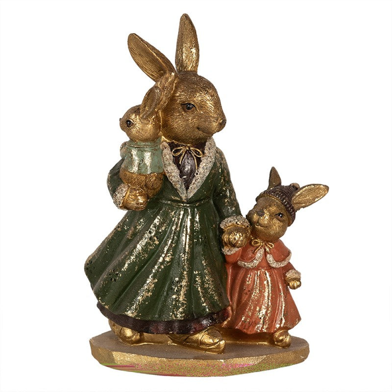 Beeld Konijn Mama 2 Kinderen Goud Groen 19cm - Clayre & Eef