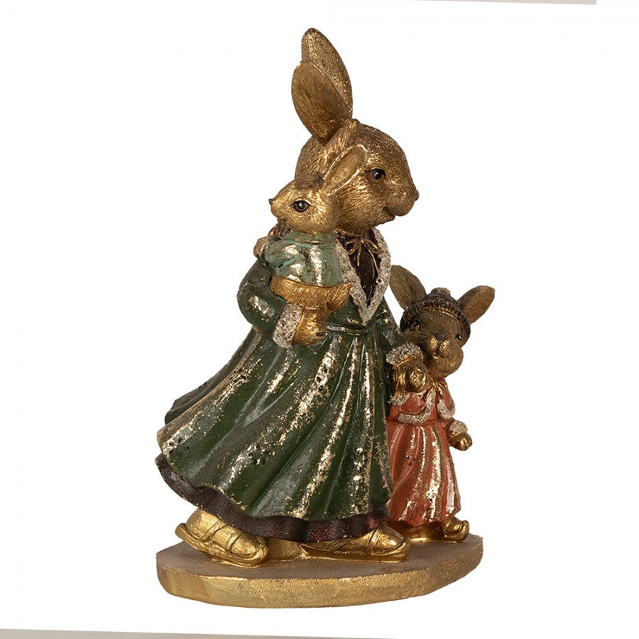 Beeld Konijn Mama 2 Kinderen Goud Groen 19cm - Clayre & Eef