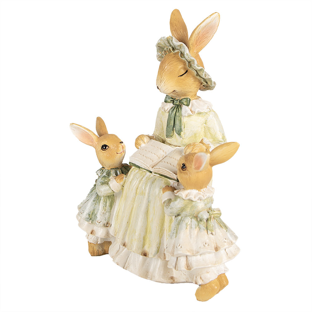 Konijn Voorlezend met 2 Kindjes Groen 19cm - Clayre & Eef