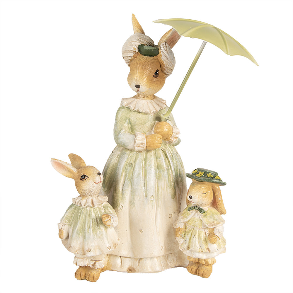 Beeld Konijn Mama 2 Kindjes Groen 21cm - Clayre & Eef