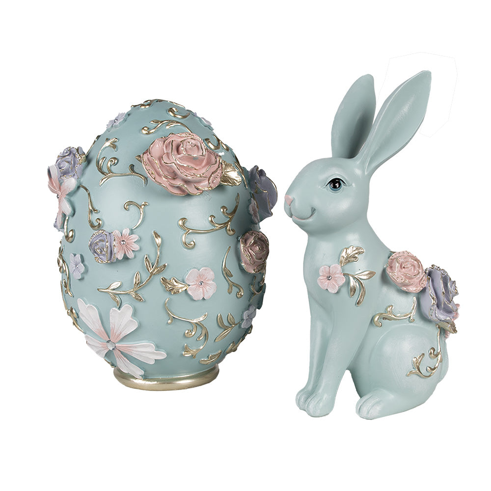 Beeld Konijn Rozen Blauw 28cm - Clayre & Eef