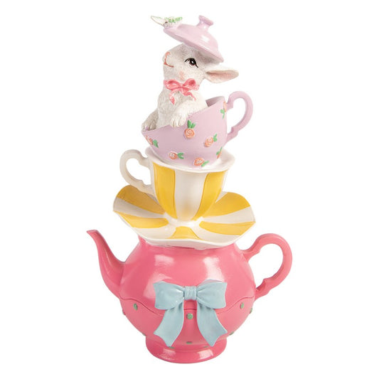 Beeld theepot met gestapelde kopjes en konijn 26cm - Clayre & Eef