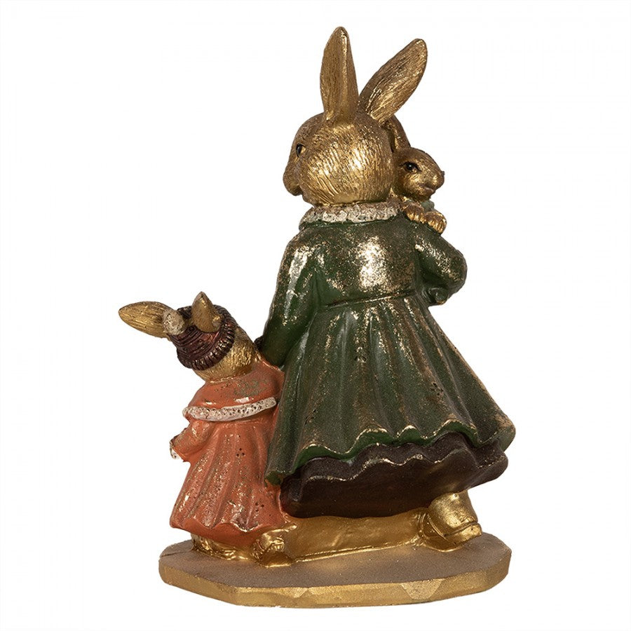 Beeld Konijn Mama 2 Kinderen Goud Groen 19cm - Clayre & Eef